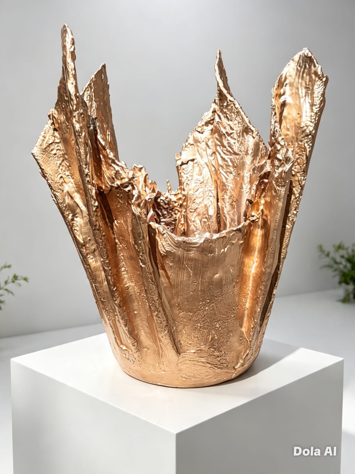 Copper-bronze finish flower pot with a torn, flame-like crown, on a plinth