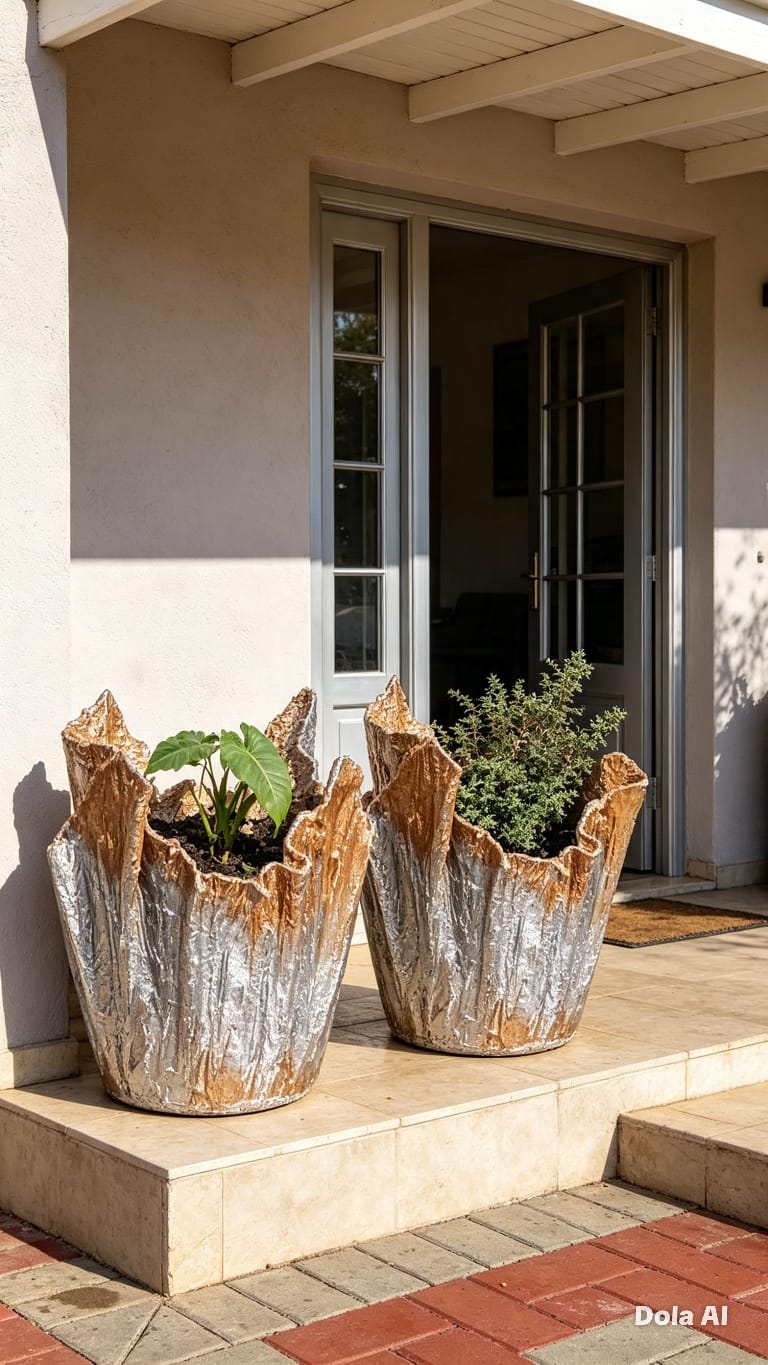 Two hand-forged flower pots with plants at a home entrance